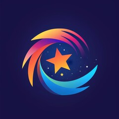 Colorful abstract star and crescent moon on dark background
