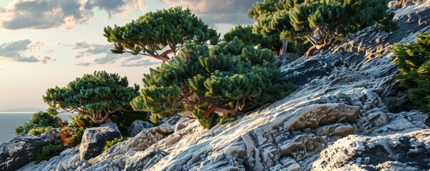 Hardy juniper bushes clinging to rocky cliffs, 4K hyperrealistic photo