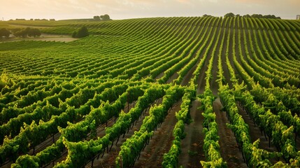 A vast vineyard with pruned grapevines, showcasing expertise and pride, stretches under a brilliant sky.