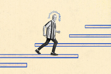 Composite photo collage of happy old gray haired man business worker step promotion ladder career progress isolated on painted background