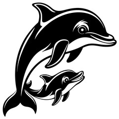 A Joyful Dolphin Mother and Calf Swimming Together Vector Design and illustration