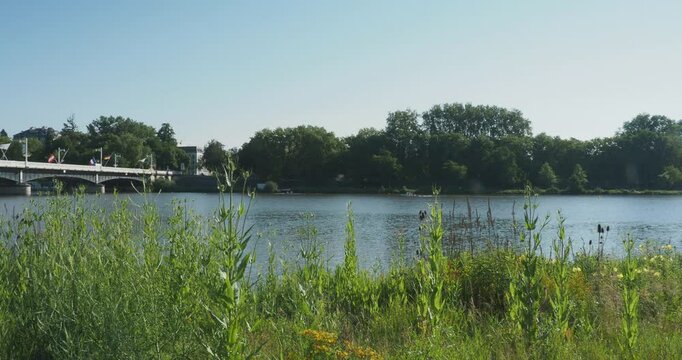 Pont de Bellerive conduisant vers le centre de Vichy  par l'Avenue Aristide Briand . Vue depuis le parc du Pont d'Allier face au Parc Kennedy 
