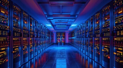 Fototapeta premium Server room with rows of servers secured with advanced encryption protocols, data center environment.