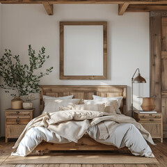 3D render of a mock-up frame in a farmhouse-style bedroom interior.
