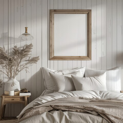 3D render of a mock-up frame in a farmhouse-style bedroom interior.