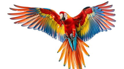 Obraz premium A vibrant parrot with colorful feathers in mid-flight, isolated on a clean white background.