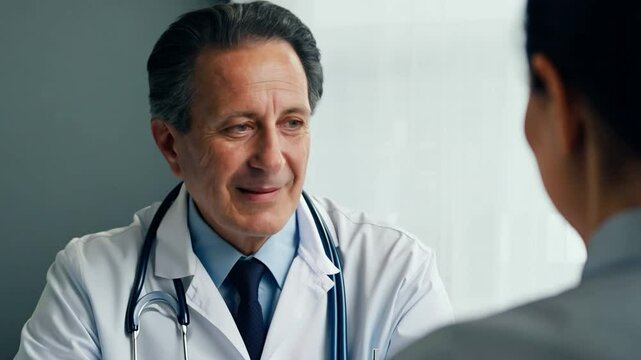 A sophisticated physician looks nice as they converse with an invisible patient.