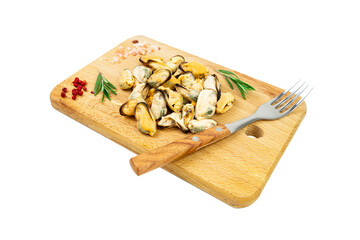 Mussels with seasonings and fork on cutting board isolated on white, seafood