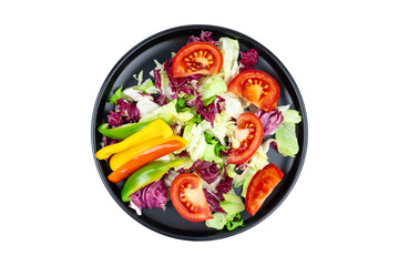 Vegan vegetable salad on black plate isolated on white top view