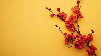 Artistic flat lay of red apricot blossom branch on a yellow background