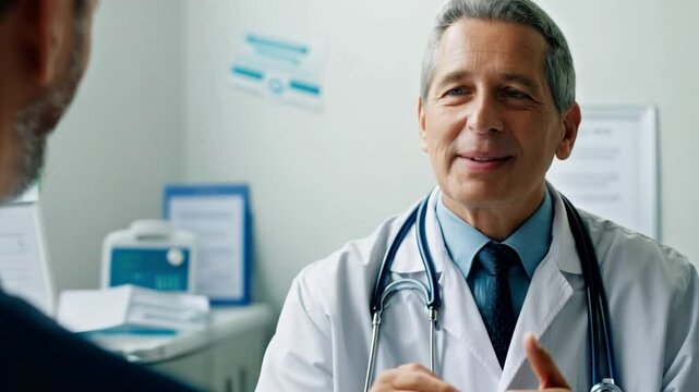 A sophisticated physician looks nice as they converse with an invisible patient.