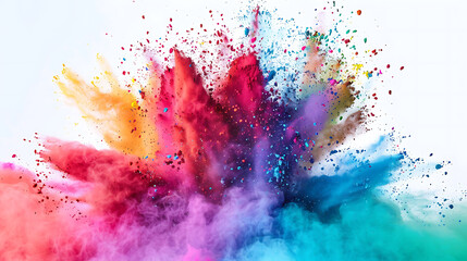 Holi color powder explosion in a rainbow of colors against a clean white background, captured in high definition