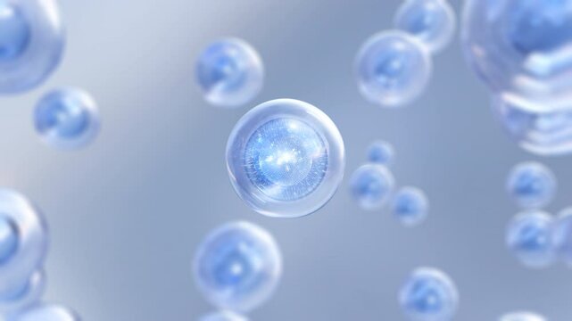 3D render animation with liquid, transparent bubbles flying away. Macro shot of various bubbles in water rising on the light background. Super slow motion Beauty glossy Moisturizing bubble blobs 