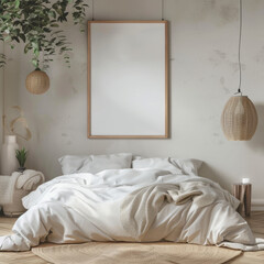 3D render of a mock-up frame in a farmhouse-style bedroom interior.