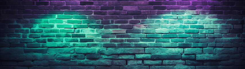 Grungy brick wall texture with glowing green and purple neon lights in the dark