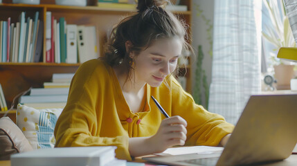 Cheerful young woman studying online with a laptop, jotting down notes at home, captured in HD