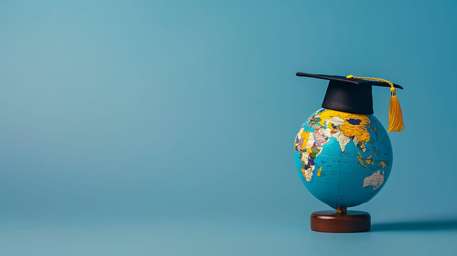 World globe wearing a graduation cap, set against a blue backdrop, captured in HD