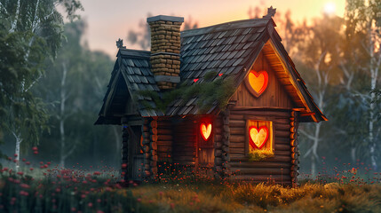 Charming wooden house with heart shapes on the chimney, photographed in vivid detail