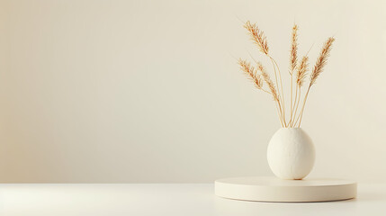 Minimalist white background with an ear of wheat in a vase, empty soft podium beside it, captured in high definition