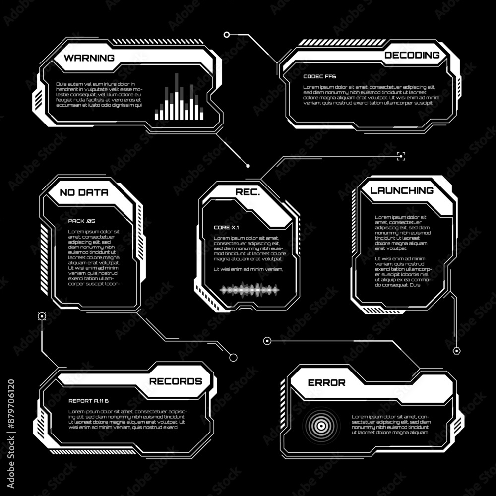 Poster White futuristic HUD, UI elements. Sci-fi user interface text boxes, callouts. Warning message frames, information boxes template. Modern game interface layout in digital style. Vector illustration