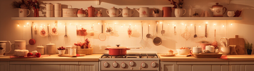 Warm and inviting kitchen scene with a variety of cooking utensils and ingredients, perfect for creating a homey and cozy atmosphere.