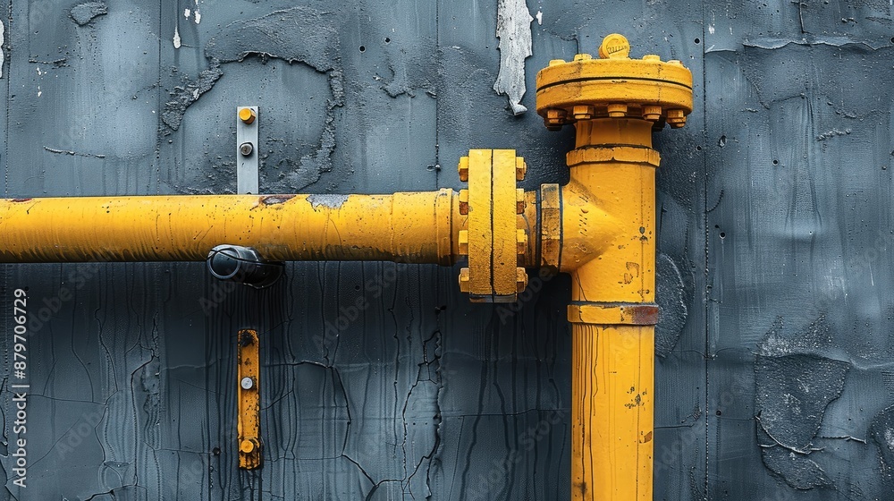 Poster Emphasize the architectural nuance of a new small yellow water pipe on a gray concrete wall corner, contributing to the textured background of the building facade. Generative AI.
