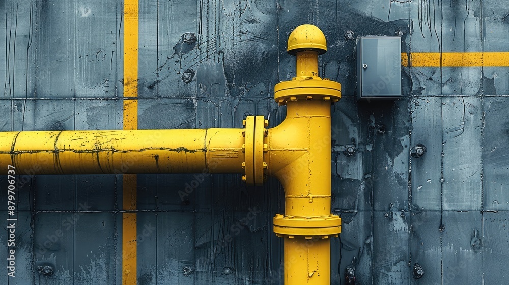 Poster Emphasize the architectural nuance of a new small yellow water pipe on a gray concrete wall corner, contributing to the textured background of the building facade. Generative AI.