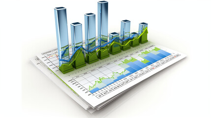 3D bar and line charts overlay on financial graphs, business data concept