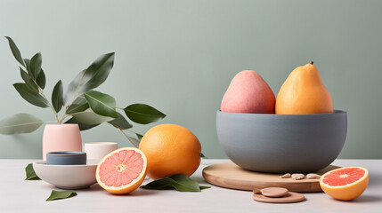 grapefruits and pears still life in pastel colors conveys a sense of calm and tranquility.
