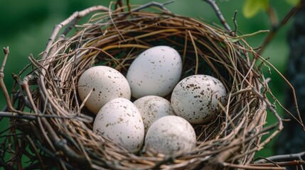 Obraz premium Close-up of a stork's nest containing large, pale eggs