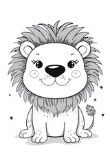 A cartoonstyle drawing of a happy lion with a big smile, sitting down. Its hair is welldetailed, and the gesture of its head adds charm to the sleeve and font of this mammal art