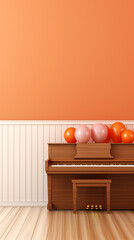Piano with pastel color balloons in a peach-tone room for a fun and lively atmosphere.