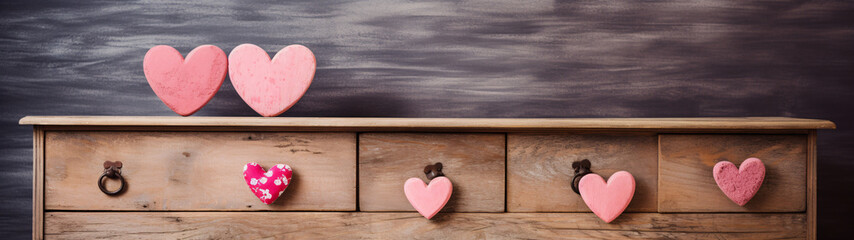 Fototapeta premium Pink wooden hearts on a vintage wooden chest of drawers against a dark background.