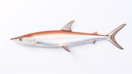 Fototapeta premium A great white shark with a white background, isolated, showing its sharp teeth and a streamlined body, symbolizing power, danger, and fear.