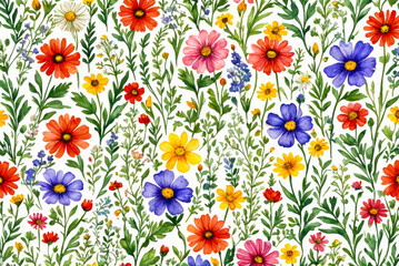 Wild flowers with green leaves on white background. Soft, watercolor technique highlights delicate petals and vivid colors of multicolored flowers creating serene and elegant composition.