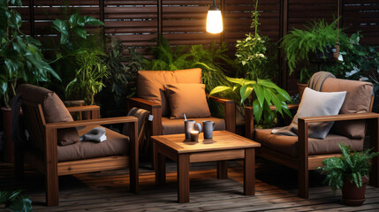 Fototapeta premium Comfy outdoor seating area with lush plants and soft cushions in warm colors, perfect for relaxing and enjoying nature.