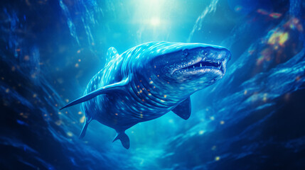 Massive, glowing shark dominates a vibrant blue underwater scene.
