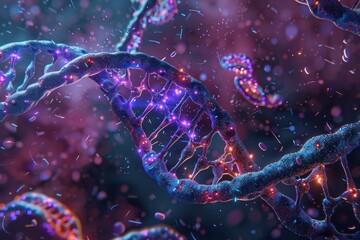 A detailed 3D-rendered image of a DNA double helix being edited by CRISPR technology, with the Cas9 protein highlighted in vivid colors