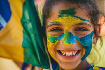 A close-up of a young girl with her face painted in the colors of the Brazilian flag, holding a small flag and smiling brightly
