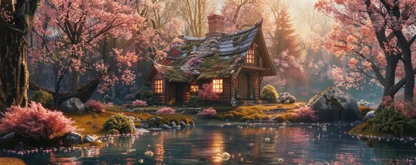 Quaint cottage surrounded by blooming cherry blossoms, 4K hyperrealistic photo