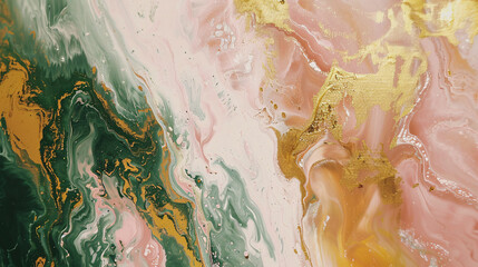 Pink , green and gold fluid painting abstract background with gentle pastel colors and metallic shimmer