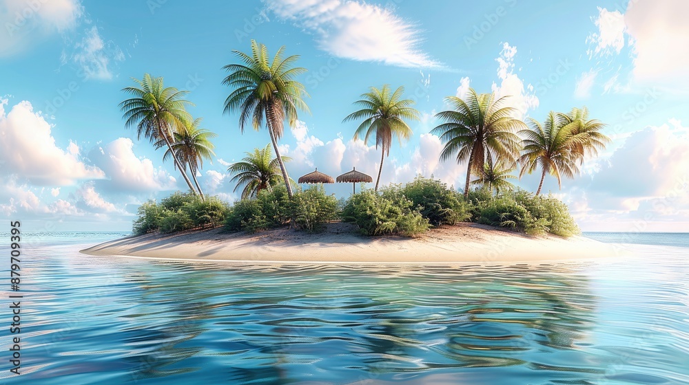 Poster tropical island with beach umbrella and coconut on a transparent background. generative ai.