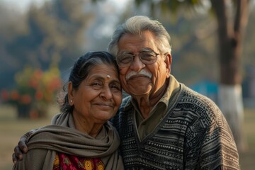 Portrait of a happy indian couple in their 70s dressed in a comfy fleece pullover over quiet countryside landscape