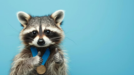 Obraz premium cute raccoon wearing medals and giving thumb up 