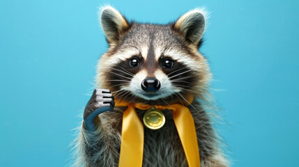 Obraz premium cute raccoon wearing medals and giving thumb up 
