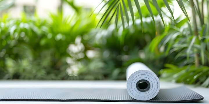 Wellness Retreat Promotion Yoga Mat in Lush Green Plant Setting. Concept Wellness Retreat, Promotion, Yoga Mat, Lush Green Setting, Plant Environment
