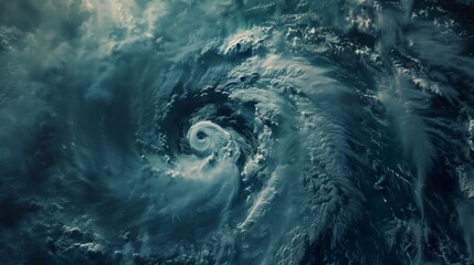 An aerial view of a powerful ocean storm, featuring a dramatic swirling vortex and turbulent waves under a dark, cloudy sky.
