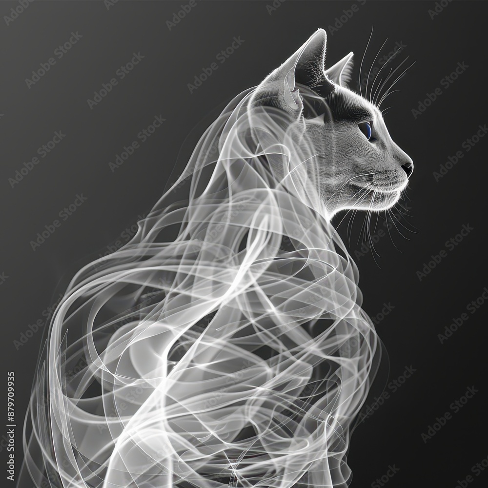 Poster Abstract digital art of a cat in profile view, featuring swirling light patterns against a dark background, creating a mystical atmosphere.