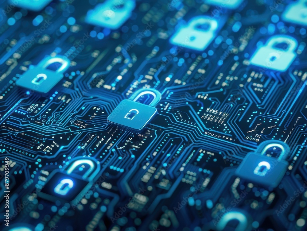 Poster Abstract digital visualization of data security with glowing padlocks on a circuit board, representing cybersecurity and protection. ing.