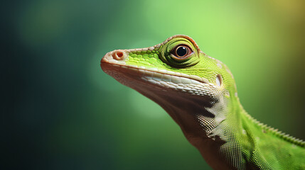 Obraz premium A green lizard is looking at the camera with a blurred background in shades of green.